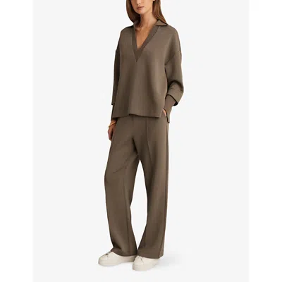 Reiss Womens Khaki Green Bernie Open-collar Relaxed-fit Stretch-woven Jumper In Brown
