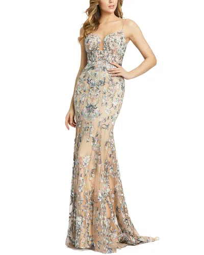 Mac Duggal Embroidered Spaghetti Strap Trumpet Gown In Neutral