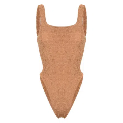 Hunza G Crinkled-effect Open-back Swimsuit In Brown