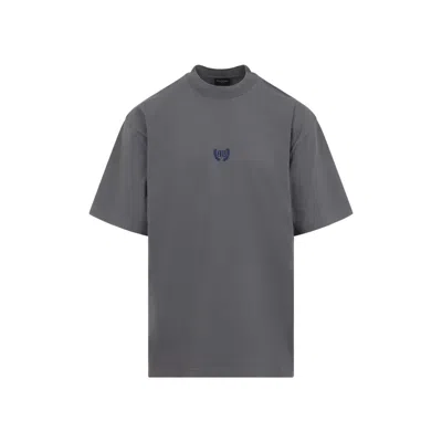 Balenciaga Men Grey Crewneck T-shirt With Logo Embroidery On The Front In Cotton Man In Gray
