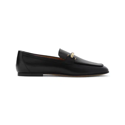 Tod's Black Calfskin Women's Loafers With Metallic Band In Black