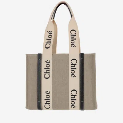 Chloé Linen Shoulder Bag With Logo Print. This Bag Is Made With Lower Environmental Impact Material