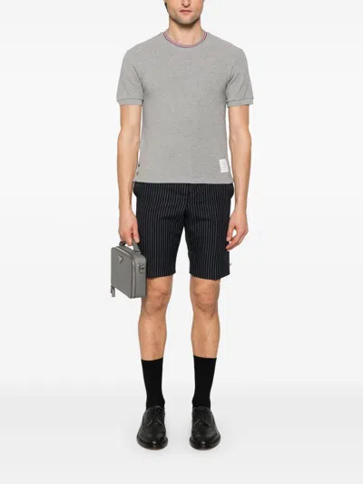 Thom Browne Short-sleeve Cotton T-shirt With Striped Neckline And Snap Hem In Gray