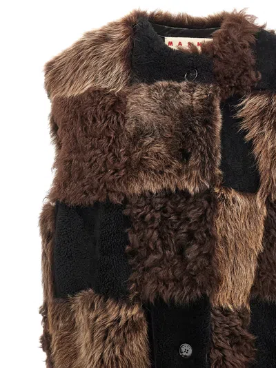 Marni Patchwork Design Shearling Vest In Brown