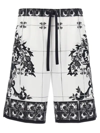 Dolce & Gabbana Monochrome Floral Elastic Waistband Knee Length Shorts In White