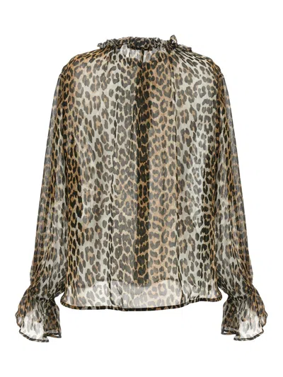 Ganni Printed Viscose Chiffon Tie String Shirt Shirts Animalier In Animal Print