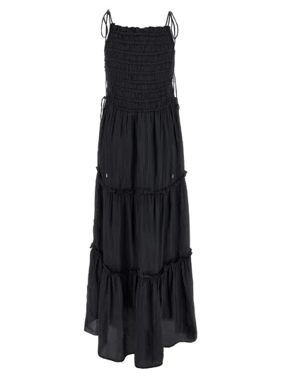 Ganni 'tie Drawstring Smocked Tiered Sleeveless Skirt' In Black
