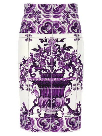 Dolce & Gabbana Maiolica Print Stretch Silk Skirt In Purple