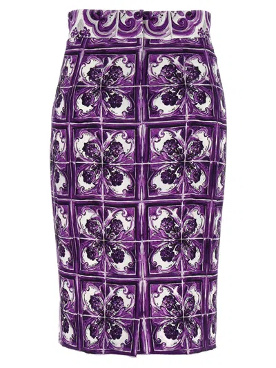 Dolce & Gabbana Maiolica Print Stretch Silk Skirt In Purple