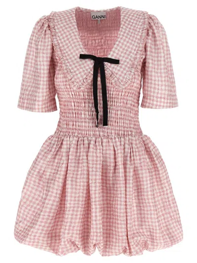 Ganni Vichy Check Shirred Mini Dress In Pink