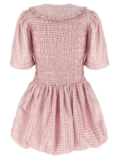 Ganni Vichy Check Shirred Mini Dress In Pink