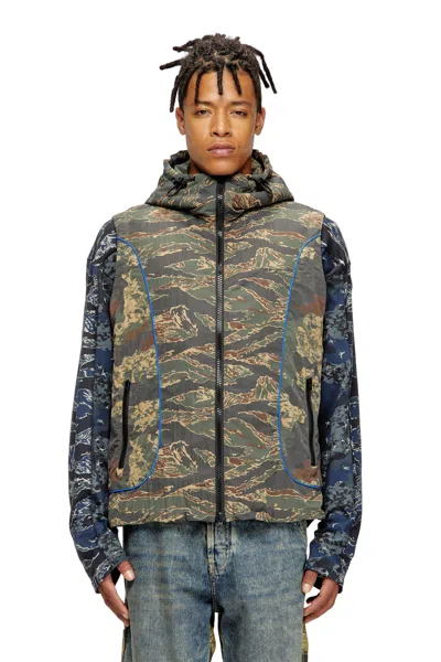 Diesel Hooded Vest With Mixed Camo Prints In Green