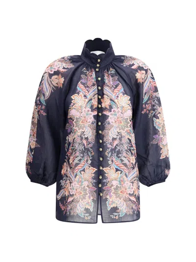Zimmermann Rhiannon Billow Blue Blouse With High Neck And All-over Paisley Print In Ramie Woman In Black