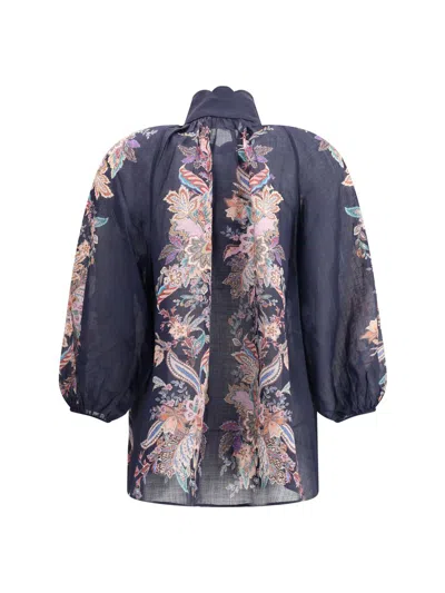 Zimmermann Rhiannon Billow Blue Blouse With High Neck And All-over Paisley Print In Ramie Woman In Black