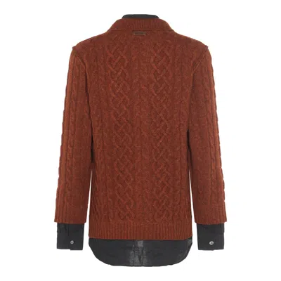 Moschino Collared Cable Knit Textured Crewneck Sweater In Brown