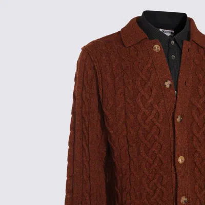 Moschino Collared Cable Knit Textured Crewneck Sweater In Brown