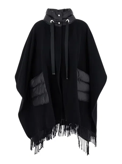 Herno Warmy Black High Neck Poncho With Patch Pockets In Wool And Nylon Woman In Black