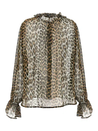 Ganni Printed Viscose Chiffon Tie String Shirt Shirts Animalier In Animal Print