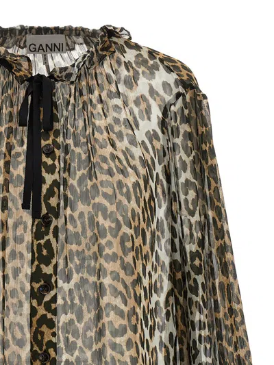 Ganni Printed Viscose Chiffon Tie String Shirt Shirts Animalier In Animal Print