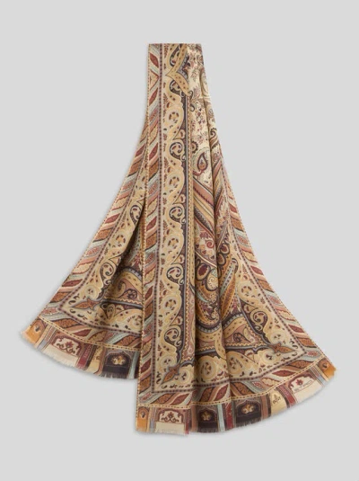 Etro , Cashmere And Silk Scarf With Placed Print, Woman, Beige In Brown
