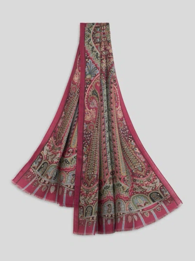 Etro , Cashmere And Silk Scarf With Placed Print, Woman, Burgundy In Multi