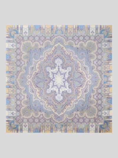 Etro , Wool And Silk Shawl With Placed Print, Woman, Light Blue In Multi