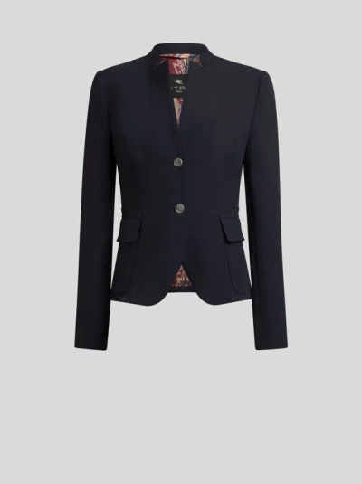 Etro , Single-breasted Jacket With Peplum Detail, Woman, Blue, Size 46 In Blue