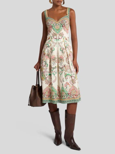 Etro , Printed Cotton Midi Dress, Woman, White, Size 36 In Multi