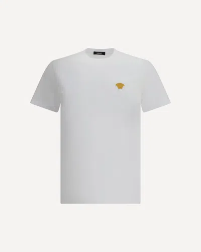 Versace White Crewneck T-shirt With Medusa Embroidery On The Front In Cotton Man In Multi