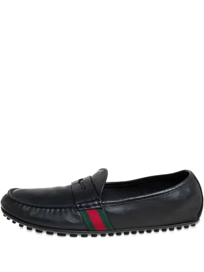 Pre-owned Gucci Web-trimmed Loafers In Black