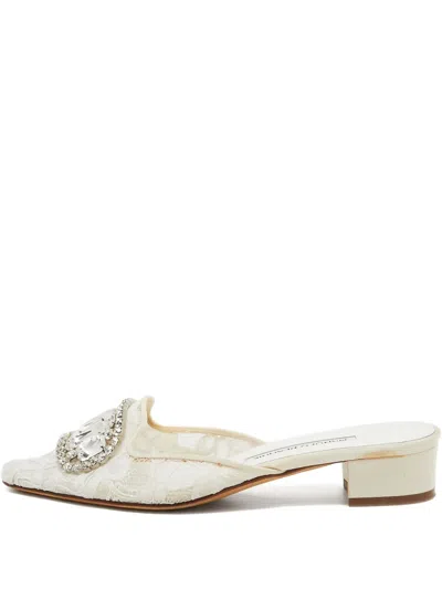 Pre-owned Manolo Blahnik  35mm Lace Mules In White