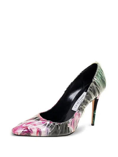 Pre-owned Jimmy Choo 105mm Floral-print Heeled Pumps In Black