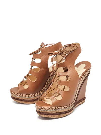 Pre-owned Christian Louboutin 150mm Cut-out Leather Wedge Sandals