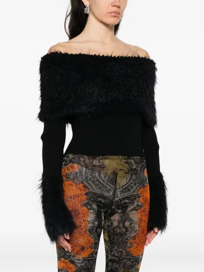 Jean Paul Gaultier Knitwear With Off-the-shoulder Design And Faux Fur Trim In Black