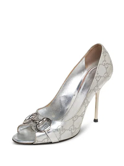 Pre-owned Gucci 100mm Peep-toe Pumps In Silver