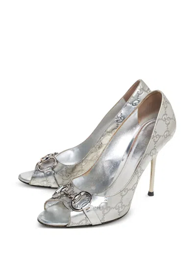 Pre-owned Gucci 100mm Peep-toe Pumps In Silver