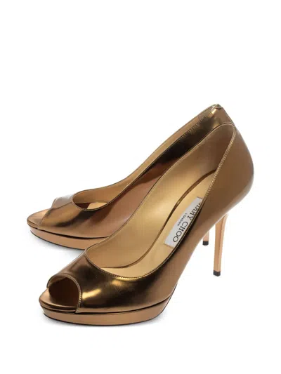 Pre-owned Jimmy Choo 100mm Theyve Metallic-leather Pumps In Gold