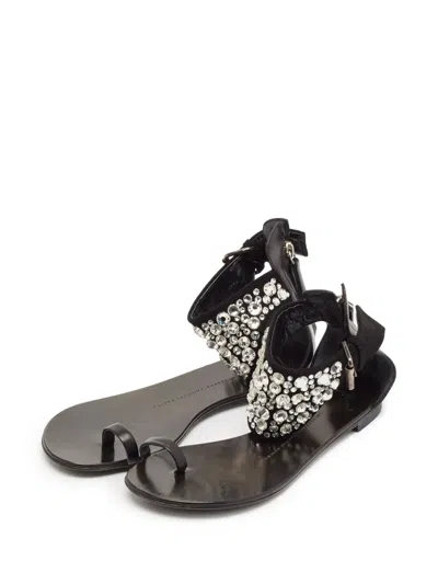 Pre-owned Giuseppe Zanotti Vintage Crystal-embellished Flat Sandals In Black