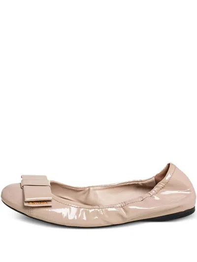 Pre-owned Prada Patent Bow Ballet Flats In Neutral