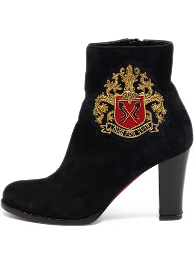 Pre-owned Christian Louboutin 105mm Crest-motif Ankle Boots In Black