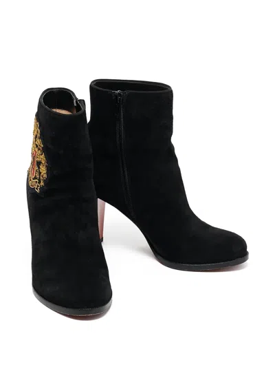 Pre-owned Christian Louboutin 105mm Crest-motif Ankle Boots In Black