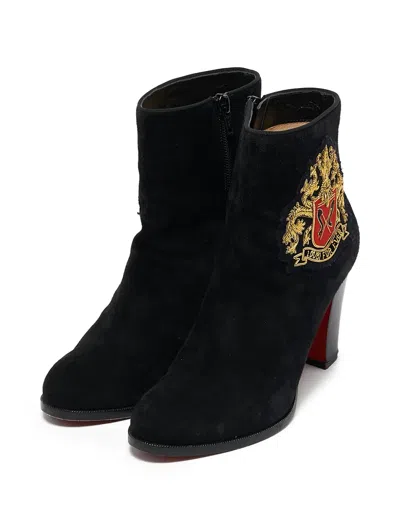 Pre-owned Christian Louboutin 105mm Crest-motif Ankle Boots In Black