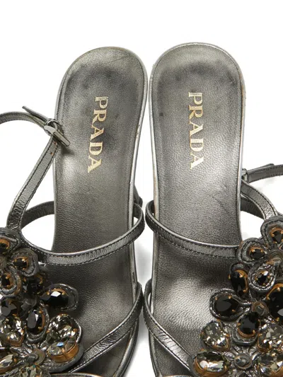 Pre-owned Prada Crystal-embellished Leather Sandals In Gray
