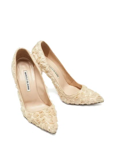 Pre-owned Manolo Blahnik 110mm Floral-embellished Heeled Pumps In Neutral