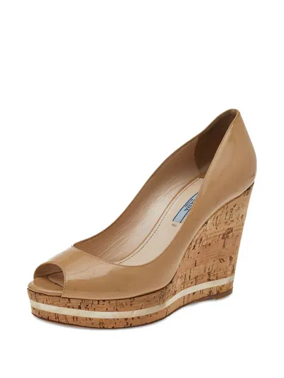 Pre-owned Prada 110mm Peep-toe Cork Wedge Sandals