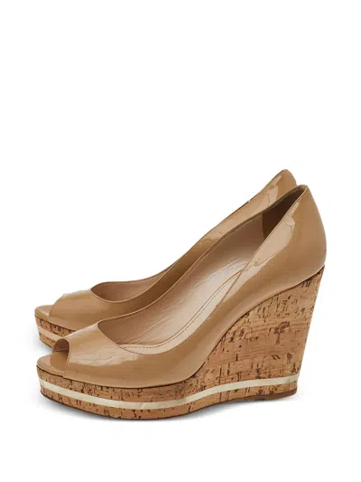 Pre-owned Prada 110mm Peep-toe Cork Wedge Sandals