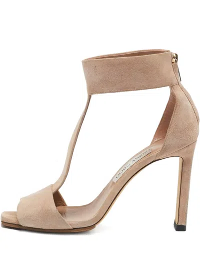 Pre-owned Jimmy Choo 110mm T-strap Suede Sandals In Neutral