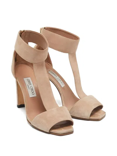 Pre-owned Jimmy Choo 110mm T-strap Suede Sandals In Neutral