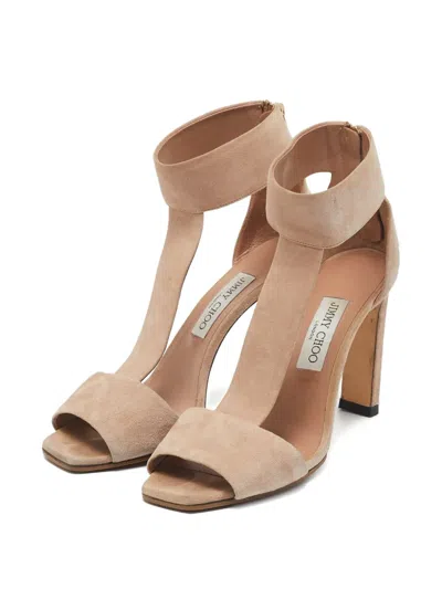 Pre-owned Jimmy Choo 110mm T-strap Suede Sandals In Neutral