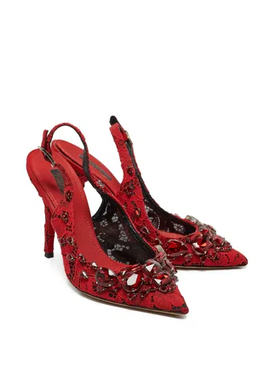Pre-owned Dolce & Gabbana 110mm Lace Slingback Pumps In Red